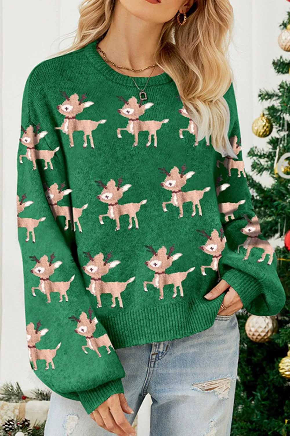 kesley Reindeer Round Neck Drop Shoulder Sweater ugly christmas sweaters