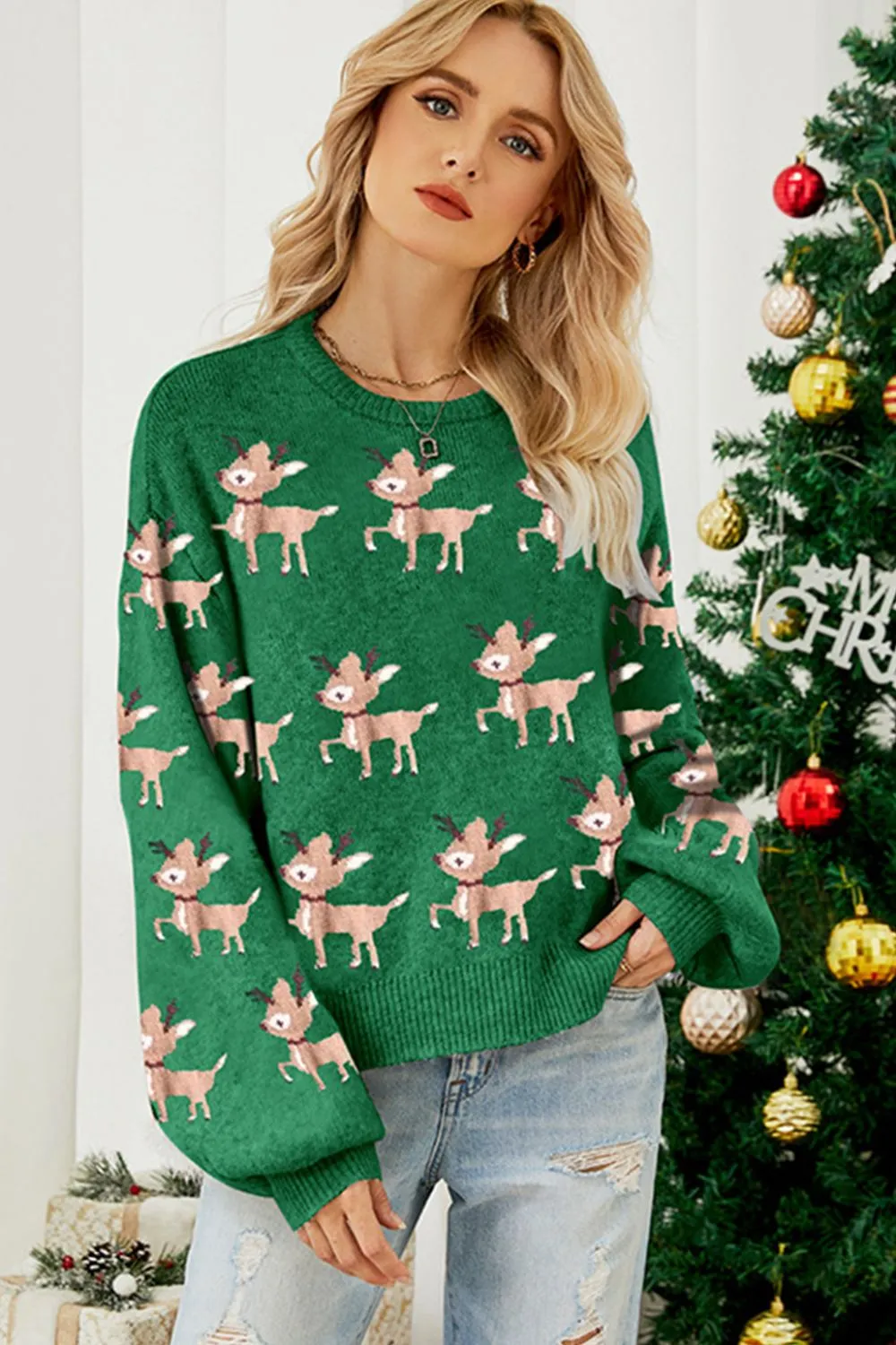 kesley Reindeer Round Neck Drop Shoulder Sweater ugly christmas sweaters