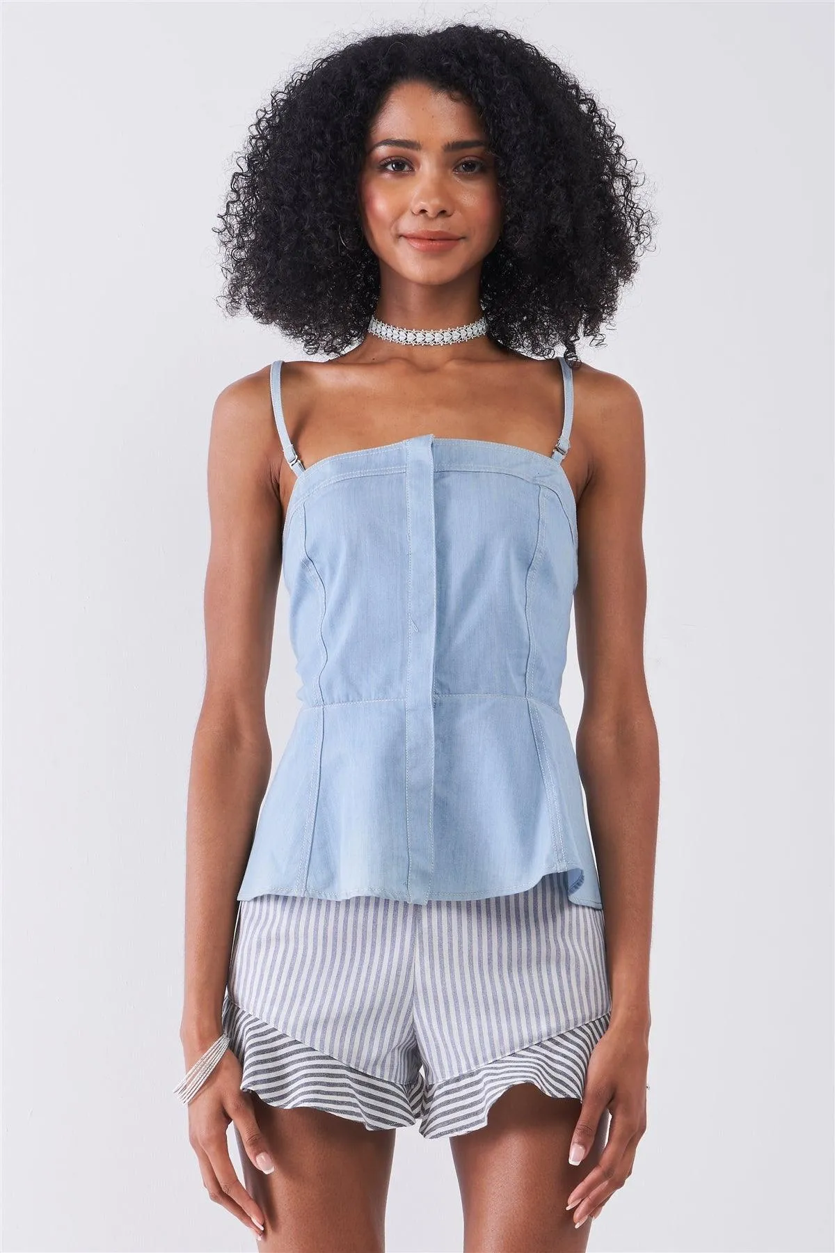 Light Blue Denim Button-Down Front Smock Top /2-2-2