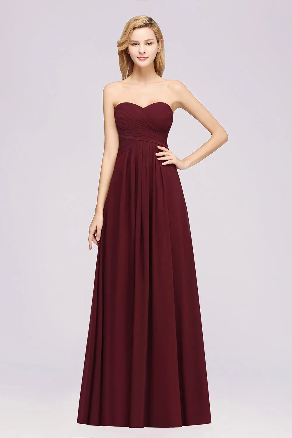 Long A-line Chiffon Sweetheart Strapless Ruffles Bridesmaid Dress