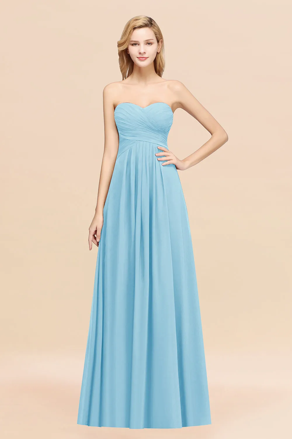 Long A-line Chiffon Sweetheart Strapless Ruffles Bridesmaid Dress