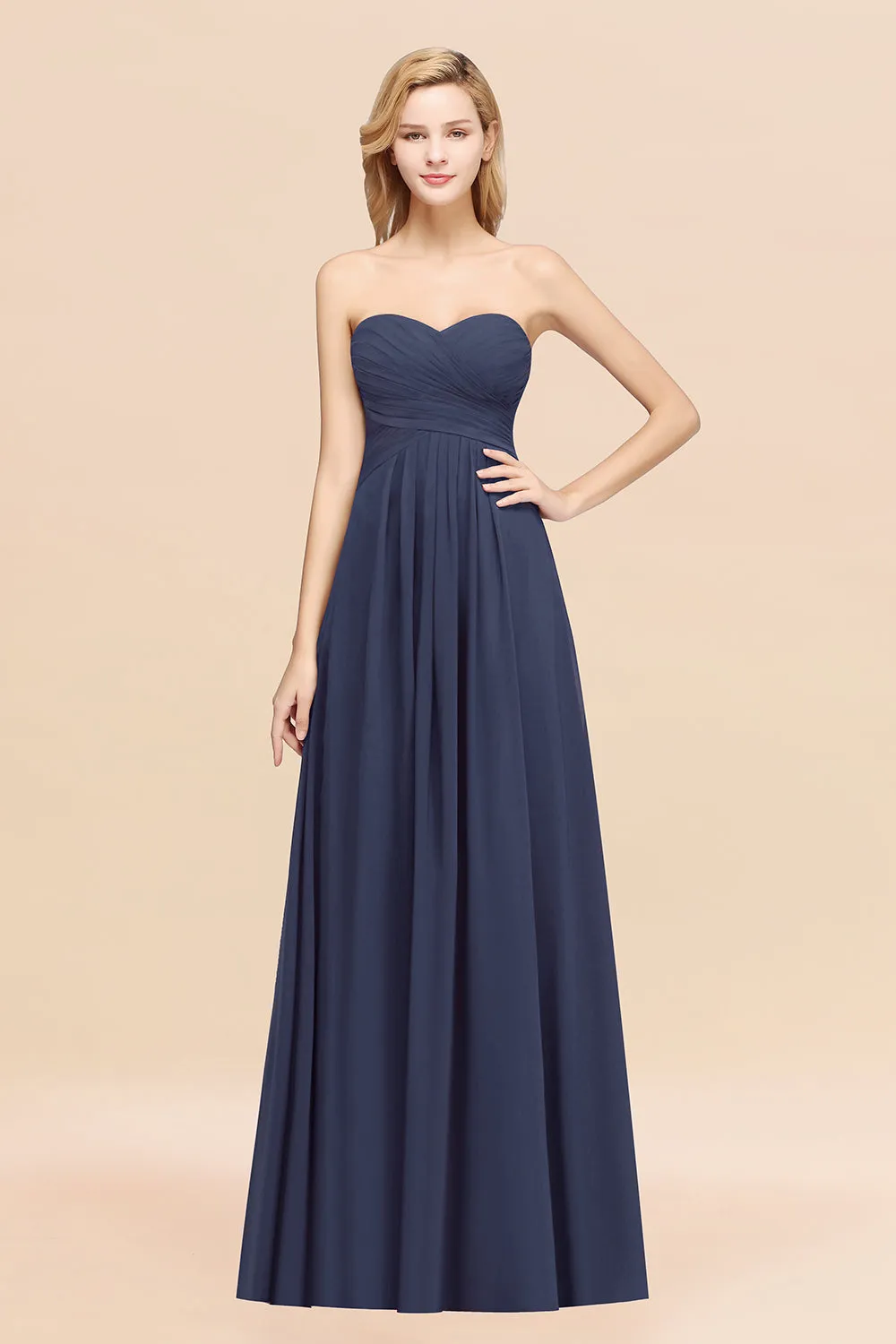 Long A-line Chiffon Sweetheart Strapless Ruffles Bridesmaid Dress