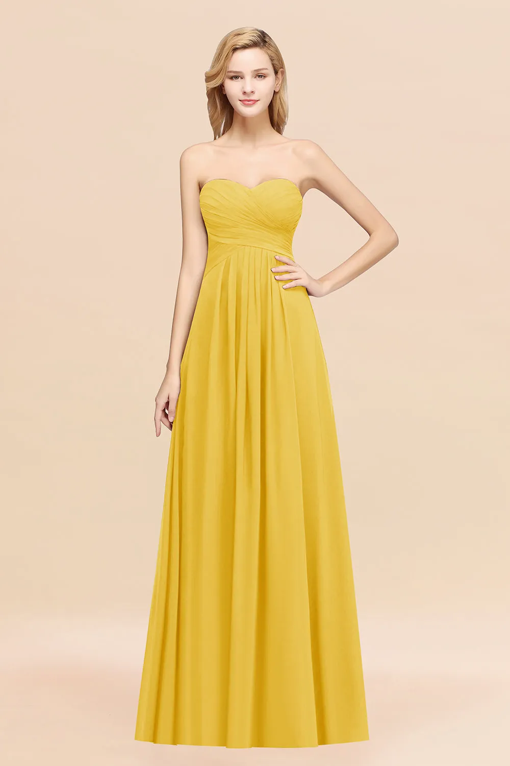 Long A-line Chiffon Sweetheart Strapless Ruffles Bridesmaid Dress