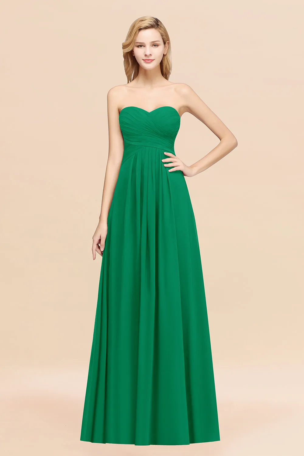 Long A-line Chiffon Sweetheart Strapless Ruffles Bridesmaid Dress