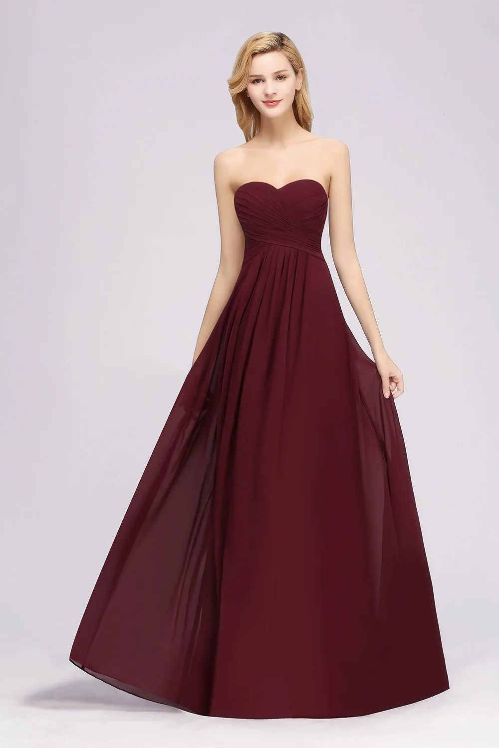 Long A-line Chiffon Sweetheart Strapless Ruffles Bridesmaid Dress