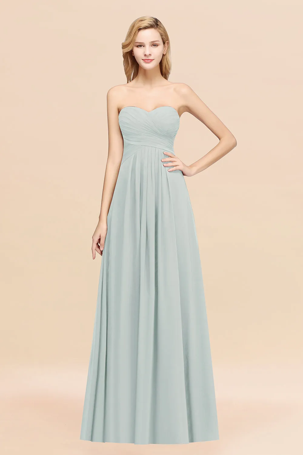 Long A-line Chiffon Sweetheart Strapless Ruffles Bridesmaid Dress