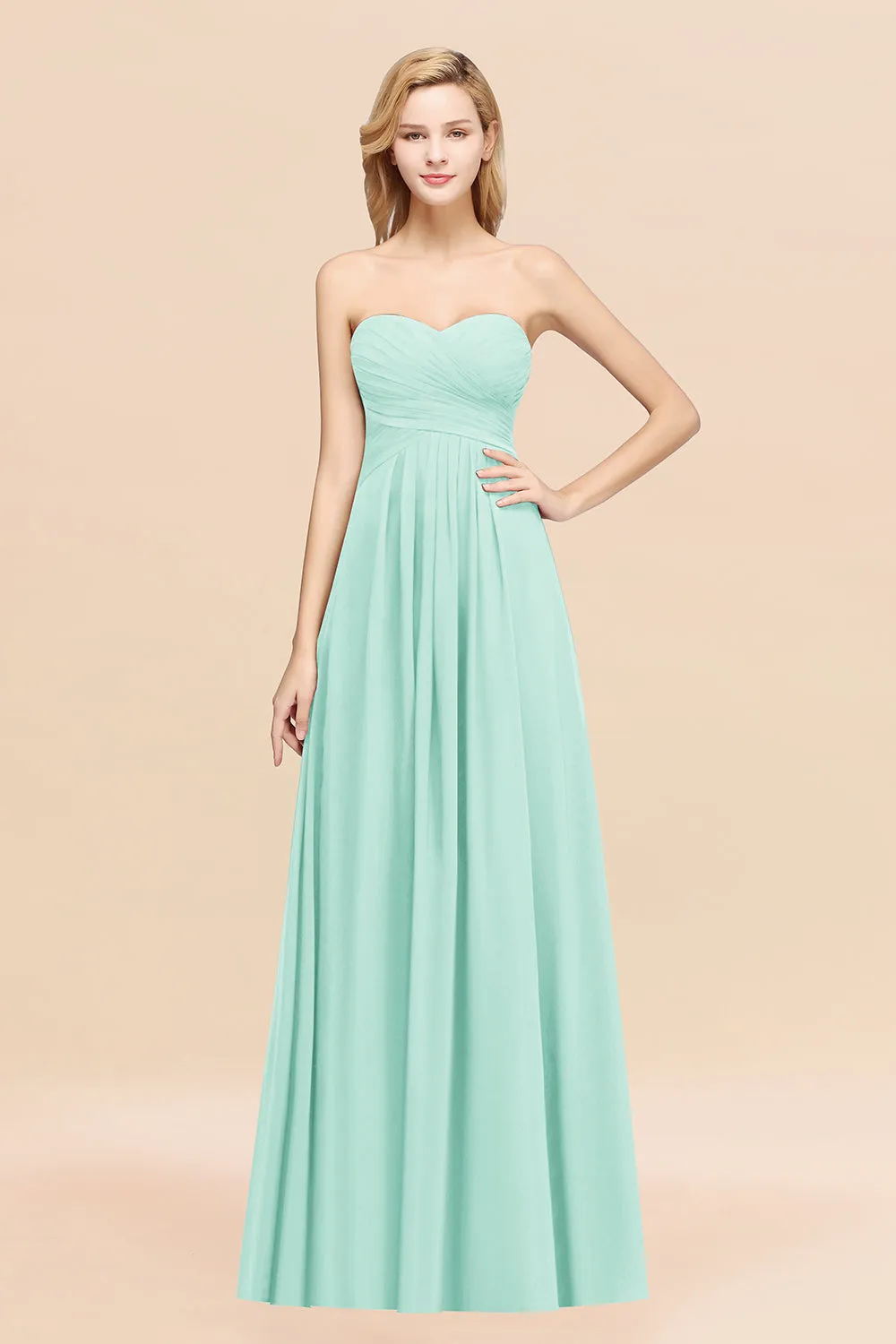 Long A-line Chiffon Sweetheart Strapless Ruffles Bridesmaid Dress