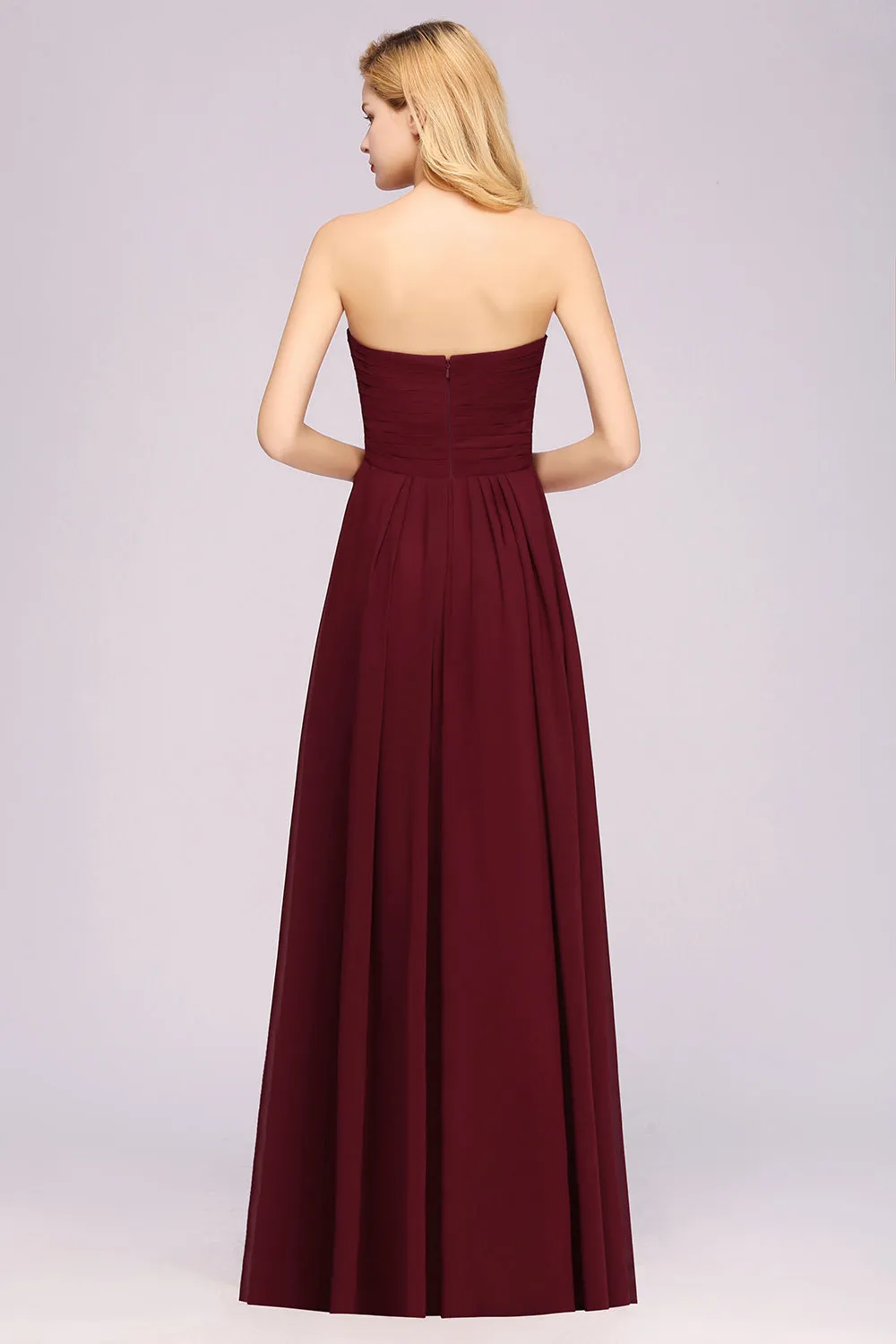 Long A-line Chiffon Sweetheart Strapless Ruffles Bridesmaid Dress