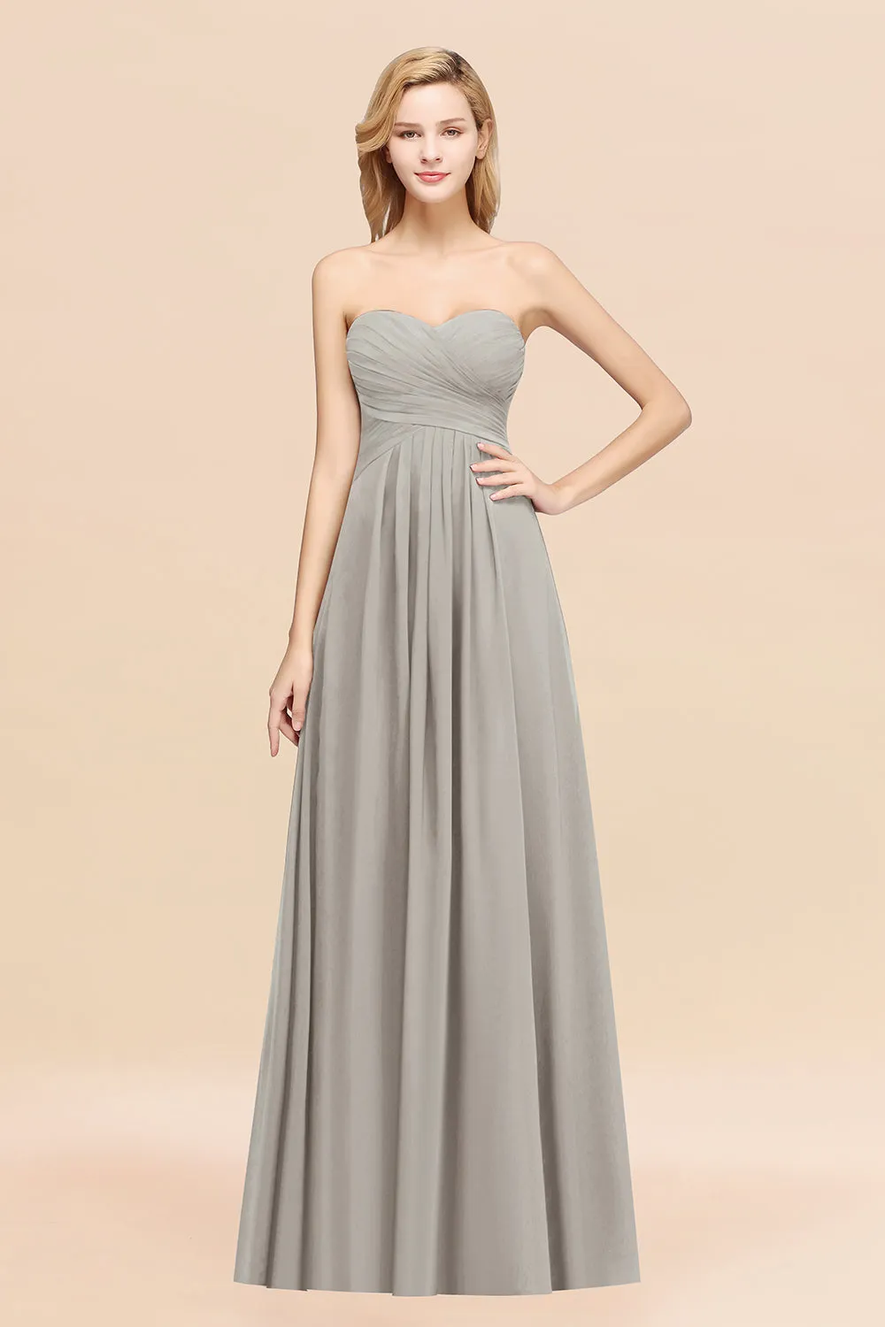 Long A-line Chiffon Sweetheart Strapless Ruffles Bridesmaid Dress