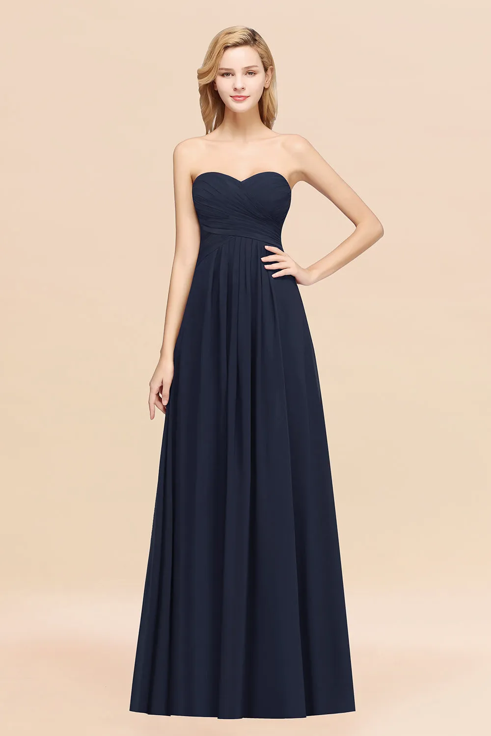 Long A-line Chiffon Sweetheart Strapless Ruffles Bridesmaid Dress