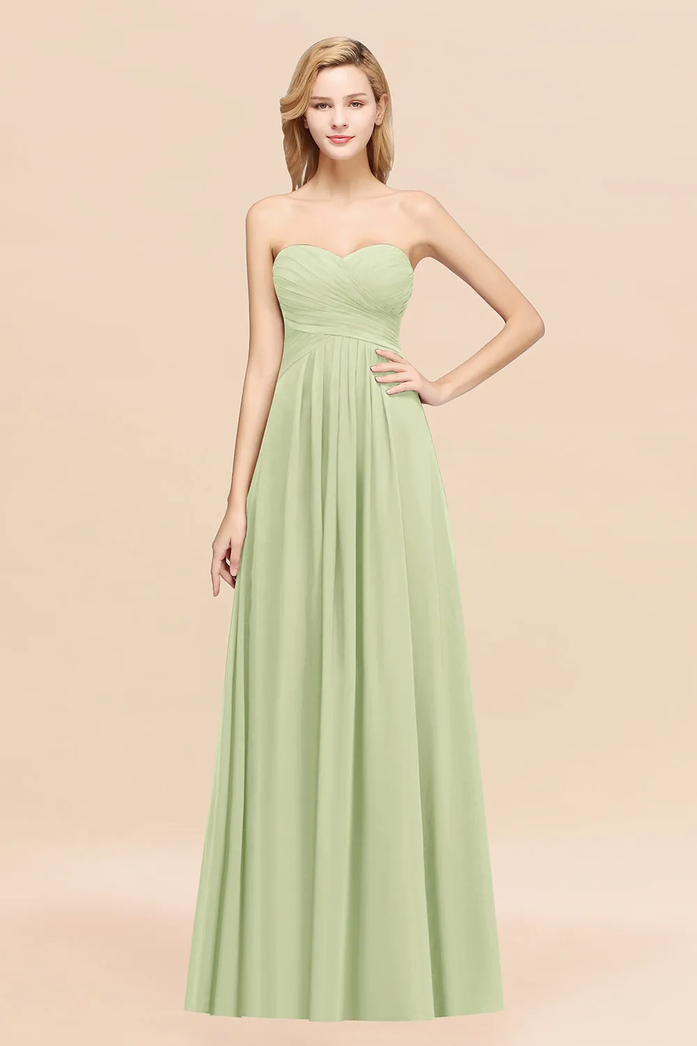 Long A-line Chiffon Sweetheart Strapless Ruffles Bridesmaid Dress