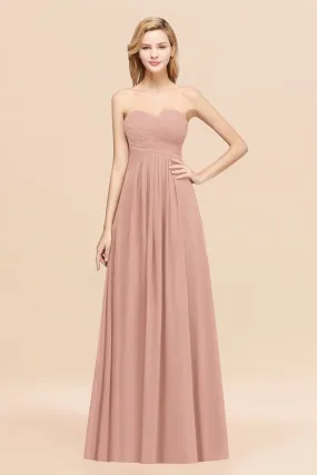 Long A-line Chiffon Sweetheart Strapless Ruffles Bridesmaid Dress