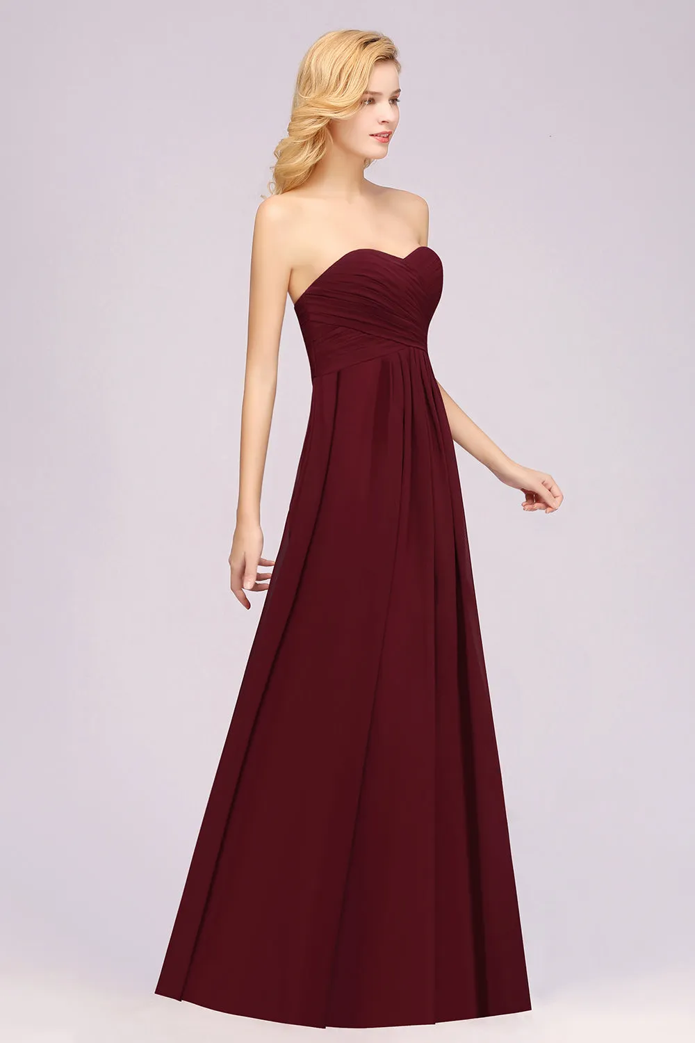 Long A-line Chiffon Sweetheart Strapless Ruffles Bridesmaid Dress