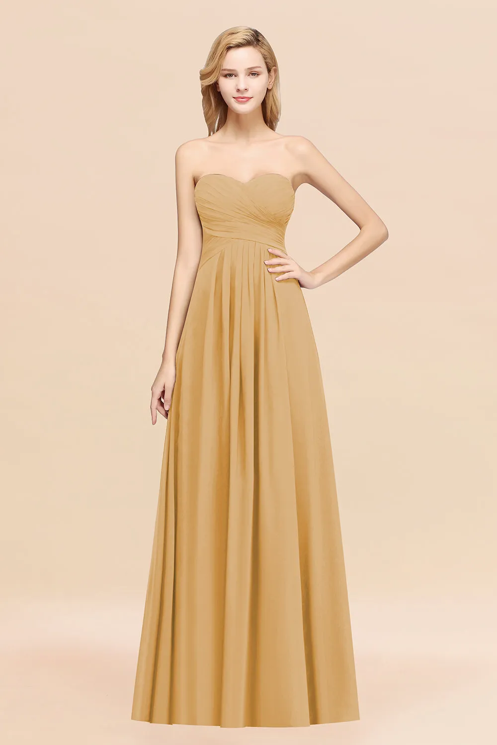 Long A-line Chiffon Sweetheart Strapless Ruffles Bridesmaid Dress