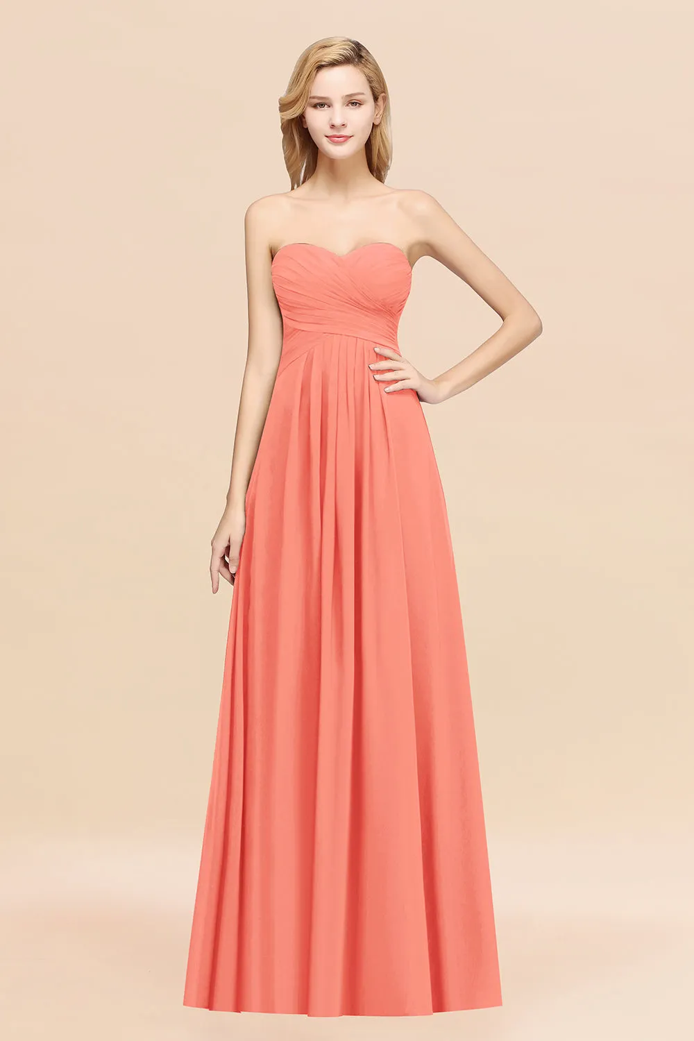 Long A-line Chiffon Sweetheart Strapless Ruffles Bridesmaid Dress