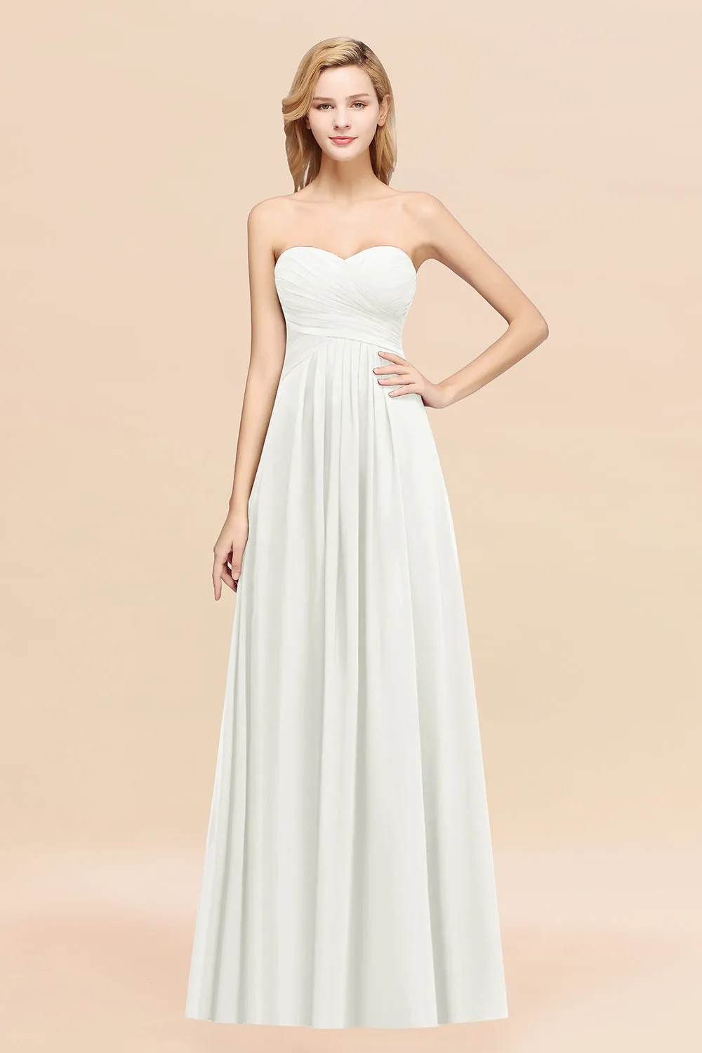 Long A-line Chiffon Sweetheart Strapless Ruffles Bridesmaid Dress