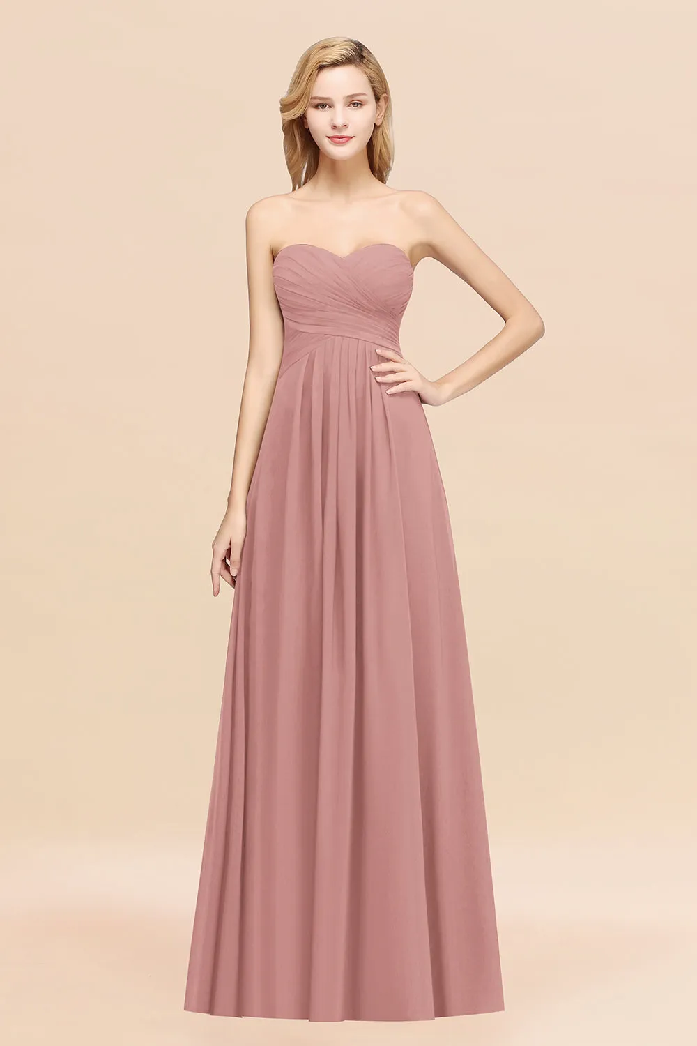 Long A-line Chiffon Sweetheart Strapless Ruffles Bridesmaid Dress