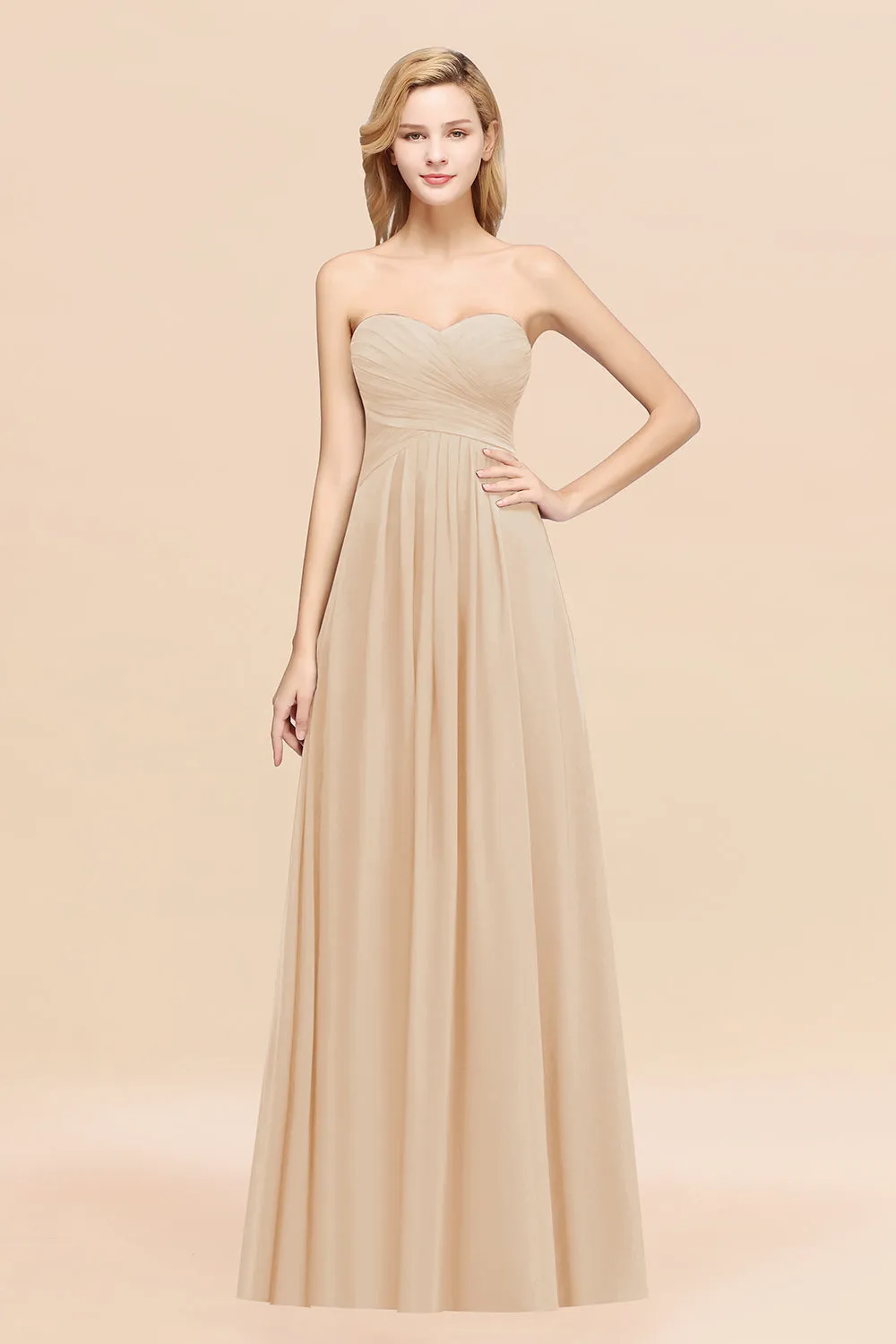 Long A-line Chiffon Sweetheart Strapless Ruffles Bridesmaid Dress