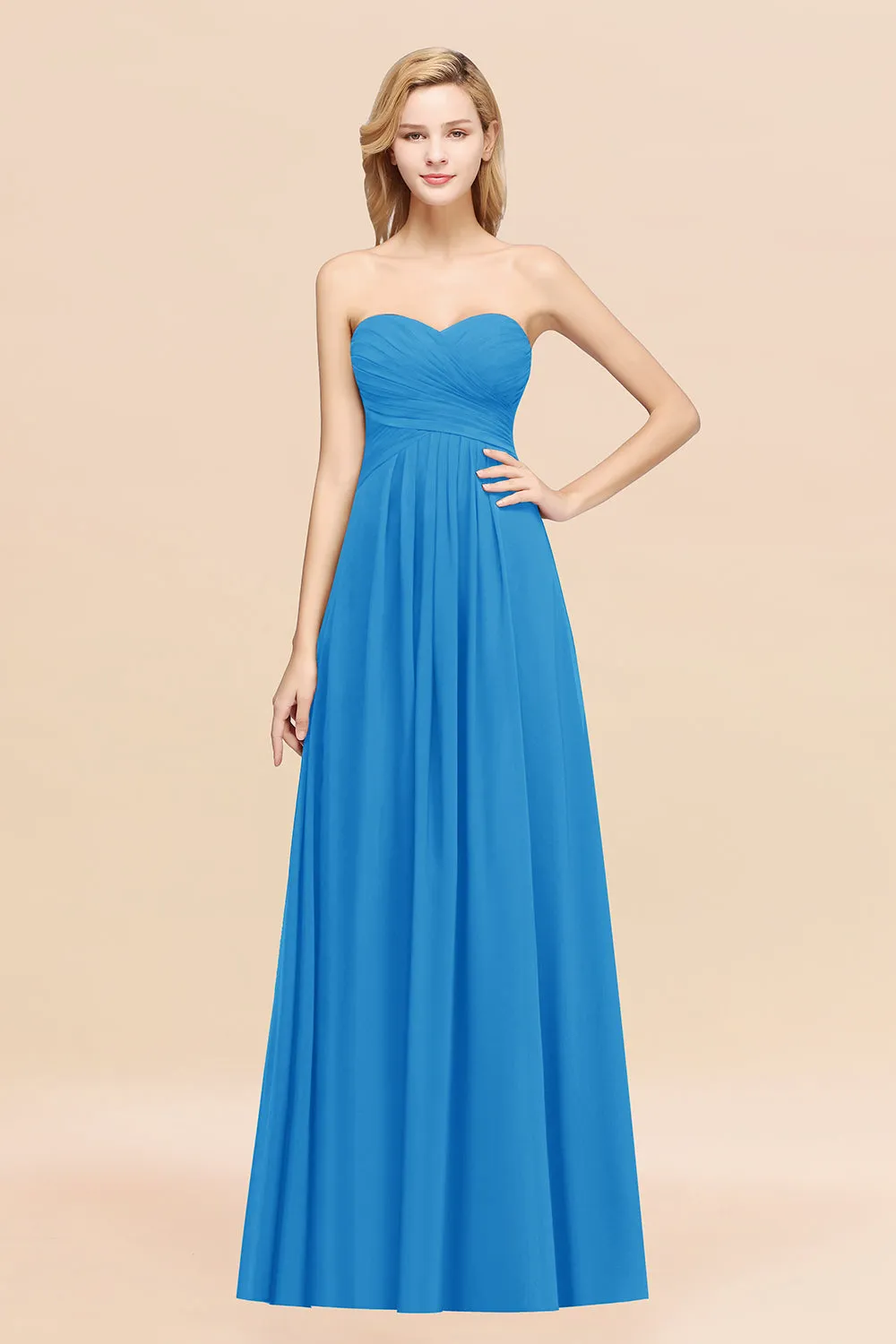 Long A-line Chiffon Sweetheart Strapless Ruffles Bridesmaid Dress