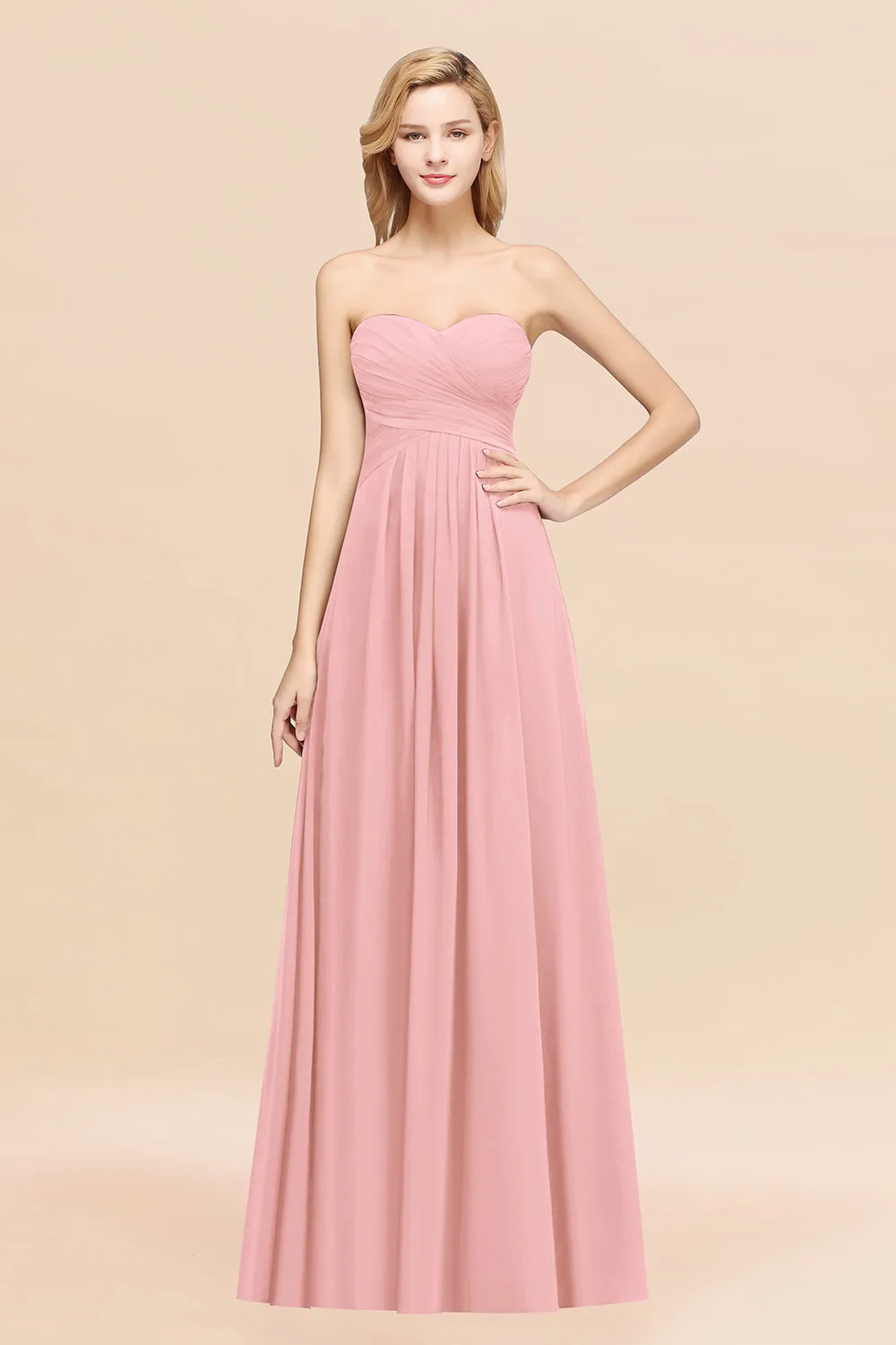 Long A-line Chiffon Sweetheart Strapless Ruffles Bridesmaid Dress