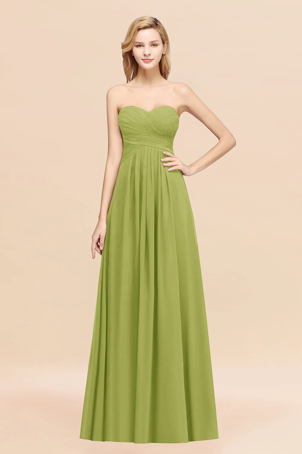 Long A-line Chiffon Sweetheart Strapless Ruffles Bridesmaid Dress