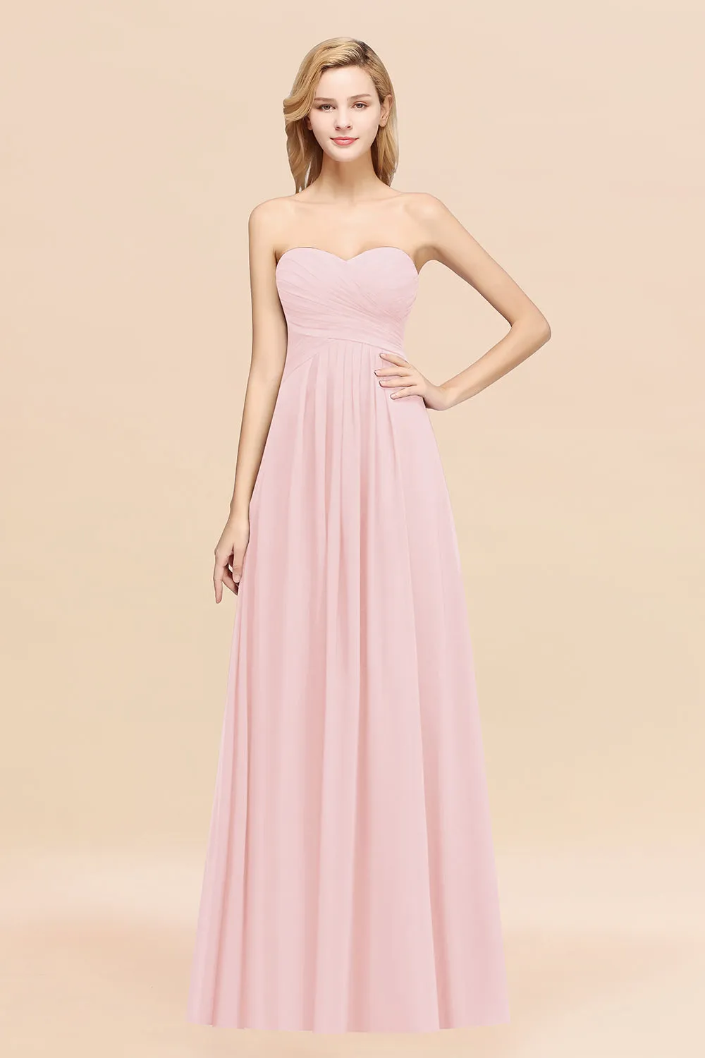 Long A-line Chiffon Sweetheart Strapless Ruffles Bridesmaid Dress