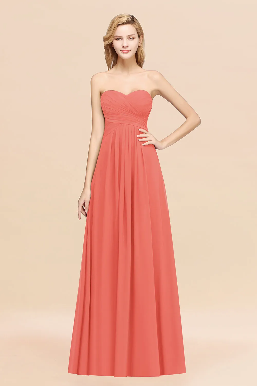 Long A-line Chiffon Sweetheart Strapless Ruffles Bridesmaid Dress