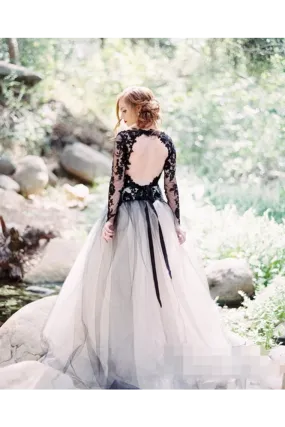 Long Sleeves Wedding Dresses Black Appliques Bridal Dresses Tulle