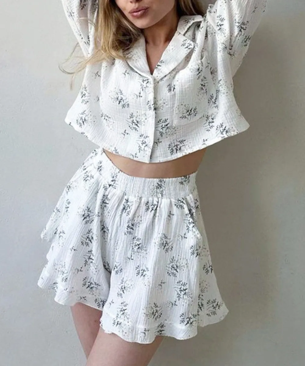 Natural Cotton Floral Two -piece Suit