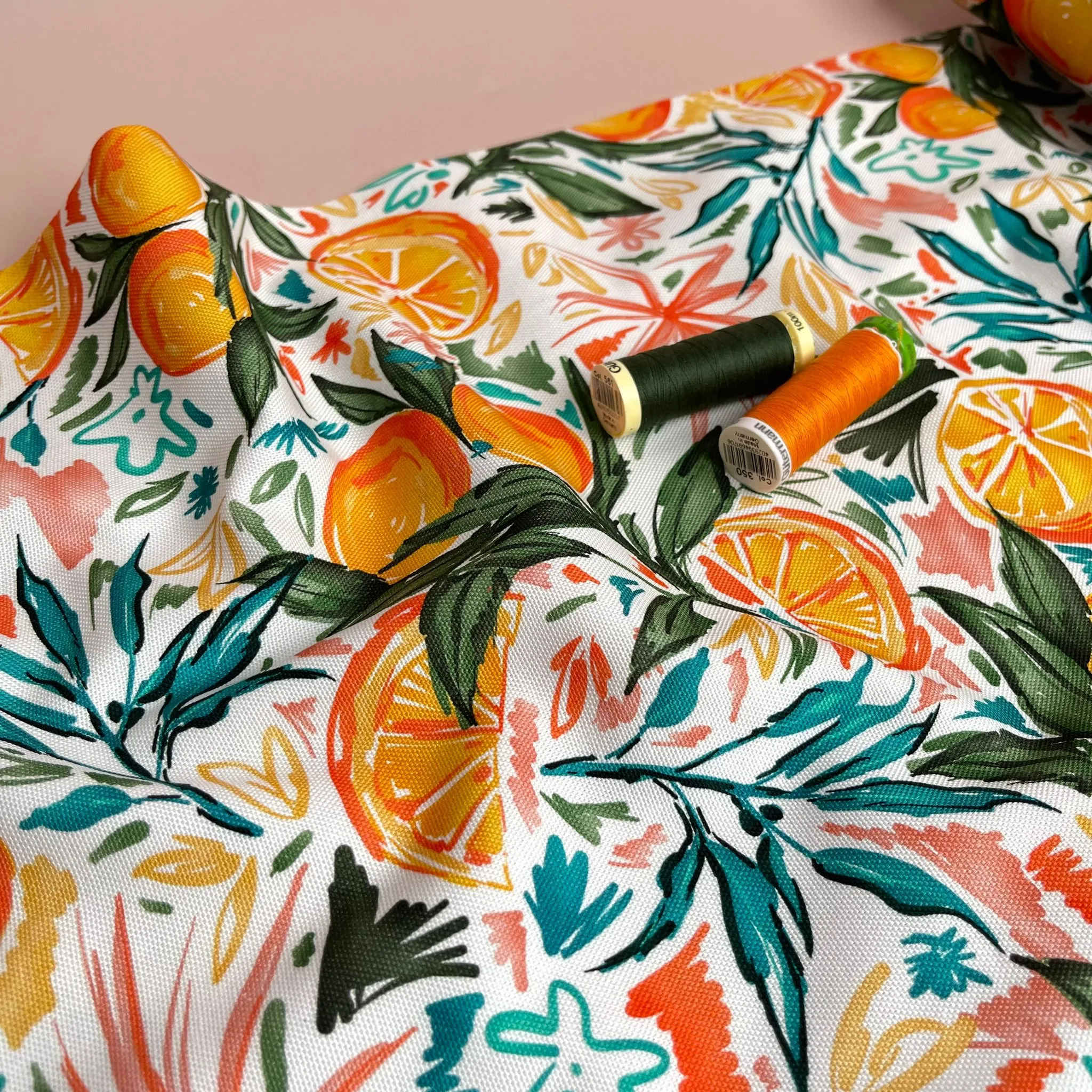 Orange Grove on White Cotton Canvas Fabric