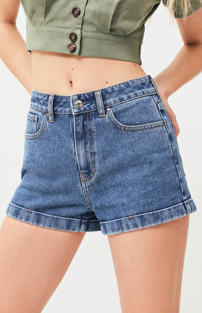 PacSun Los Angeles Women's Janis Blue Medium Wash Cuffed Denim Mom Short