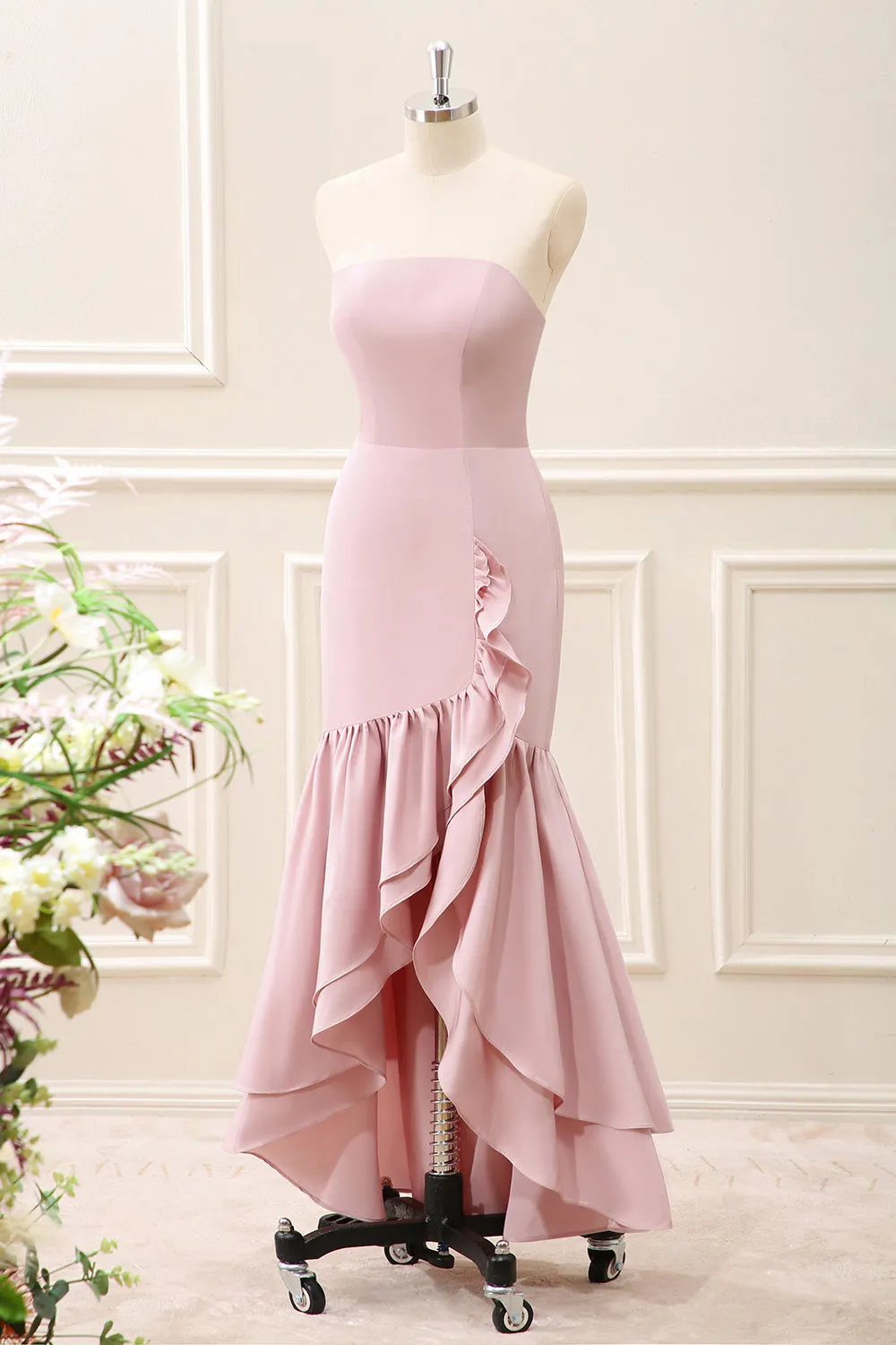 Pink Strapless Mermaid Ruffled Asymmetrical Dress