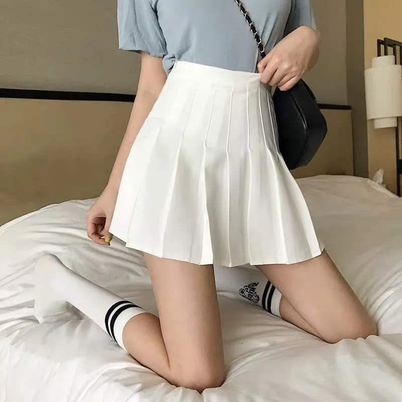 Pleated A-Line Women Trendy Korean Elegant High Waist Slim-Look Fresh Looking All-Matching Solid Colored A-Line Summer Skirt