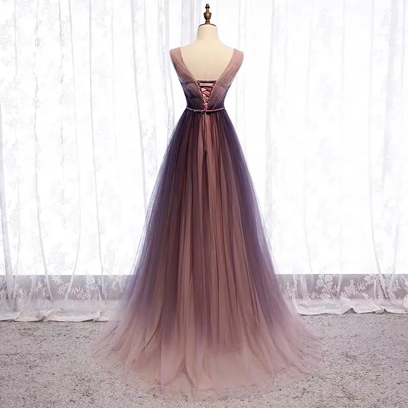 Purple pink v neck off shoulder tulle gradient prom dress