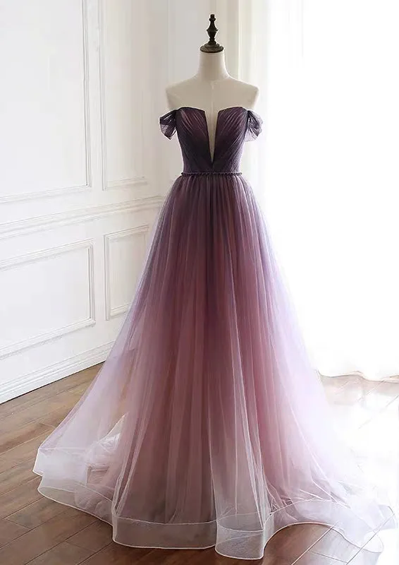 Purple pink v neck off shoulder tulle gradient prom dress