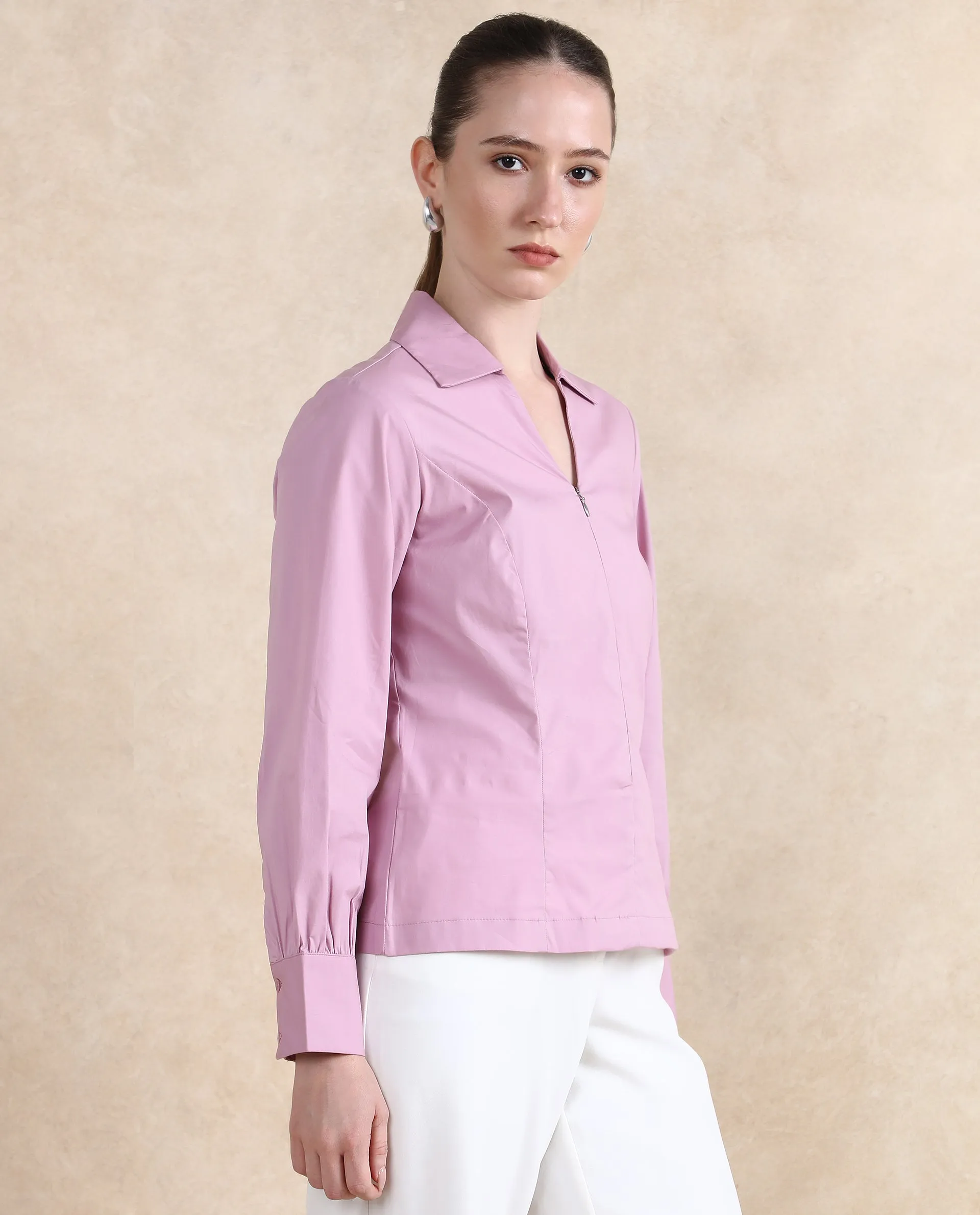 Rareism Women Pomogra Light Pink Cotton Fabric Cuffed Sleeve Jonny Collar Zipper Closure Plain Top