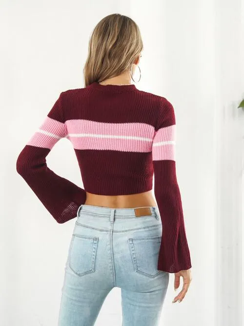 Ribbed Color Block Round Neck Cropped Sweater