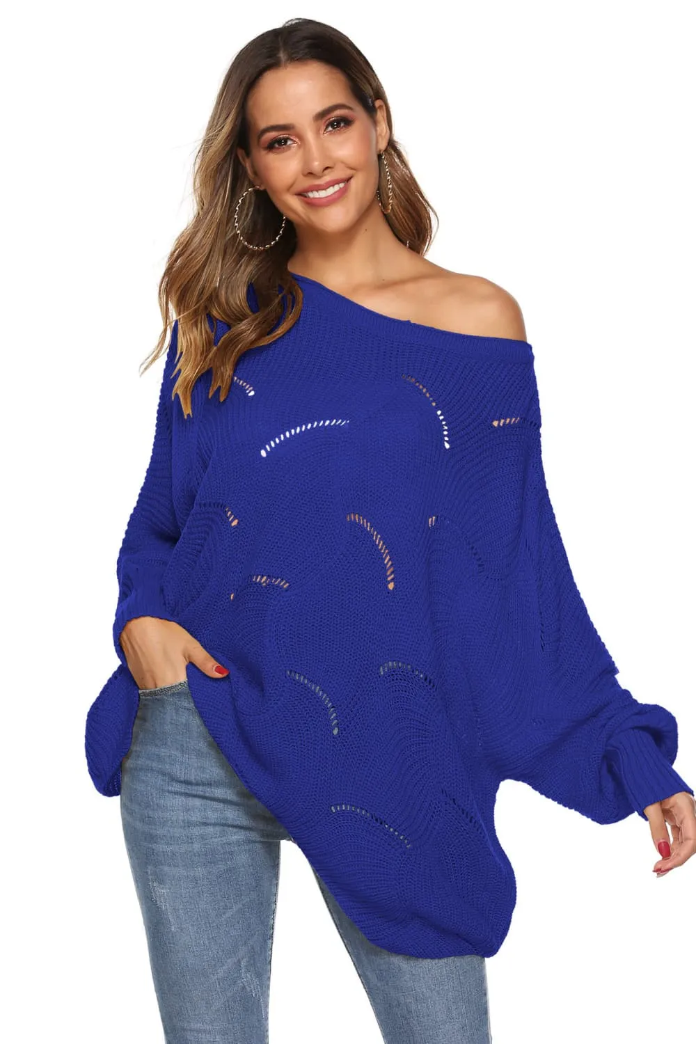 Round Neck Long Sleeve Openwork Sweater