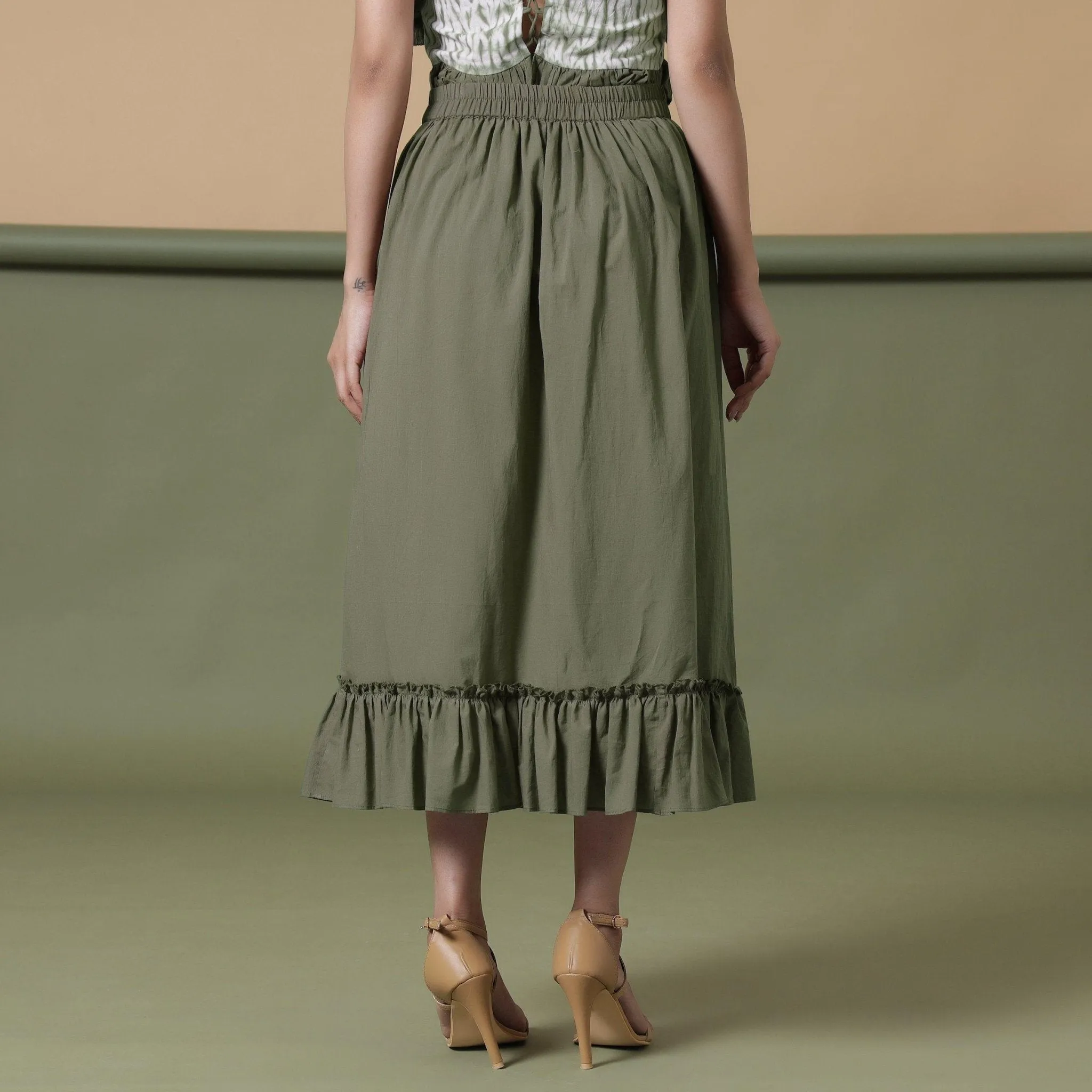 Sage Green 100% Cotton Tier Gathered Midi Skirt