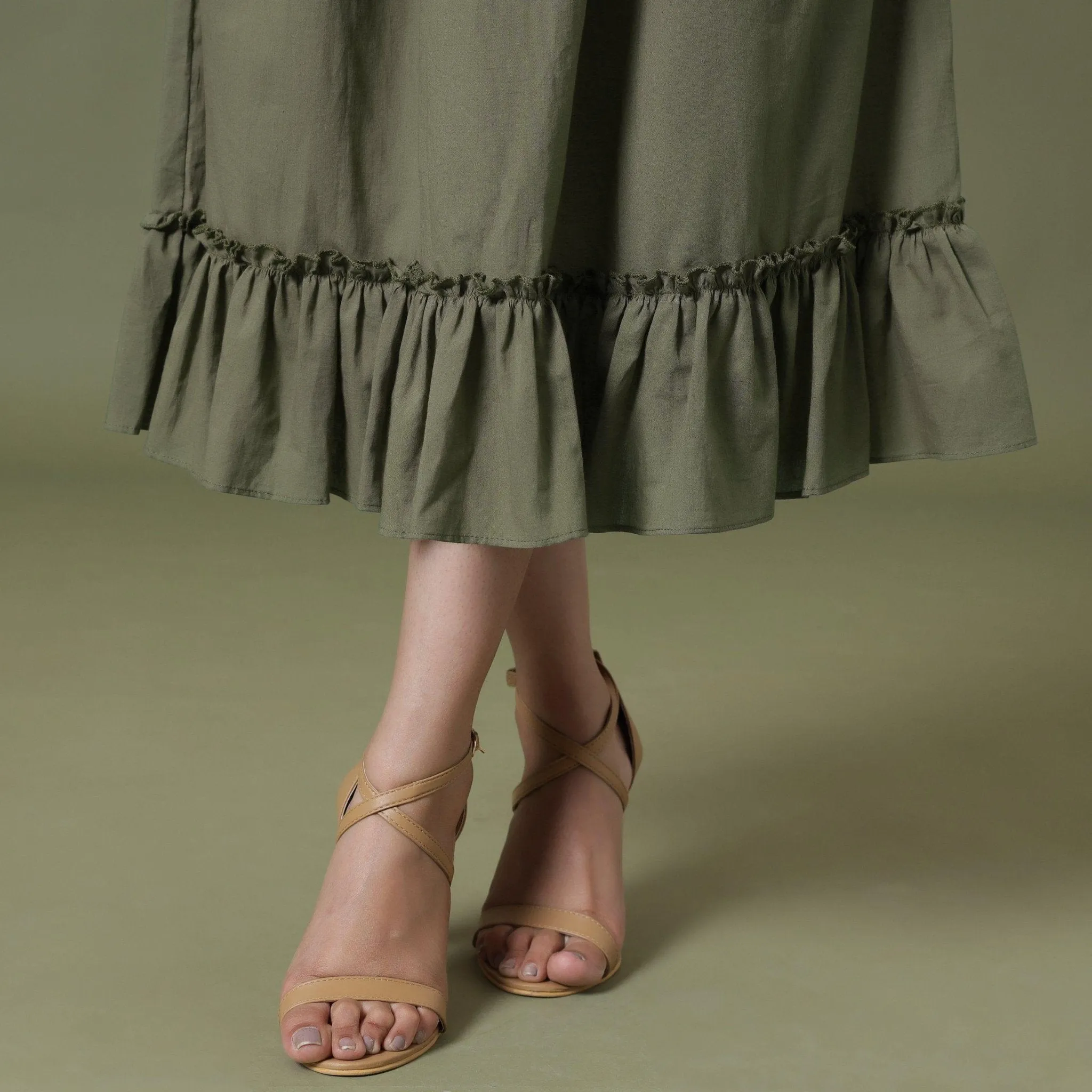 Sage Green 100% Cotton Tier Gathered Midi Skirt