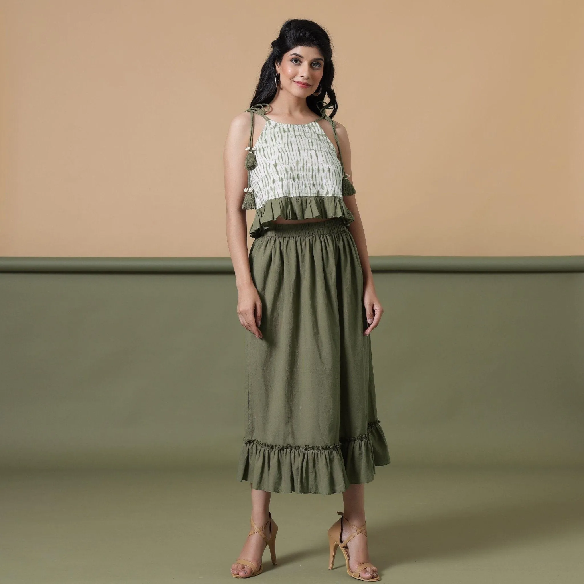 Sage Green 100% Cotton Tier Gathered Midi Skirt