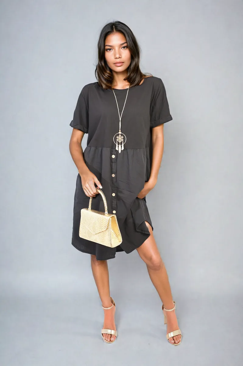 Short Sleeve Button Front Midi Dress