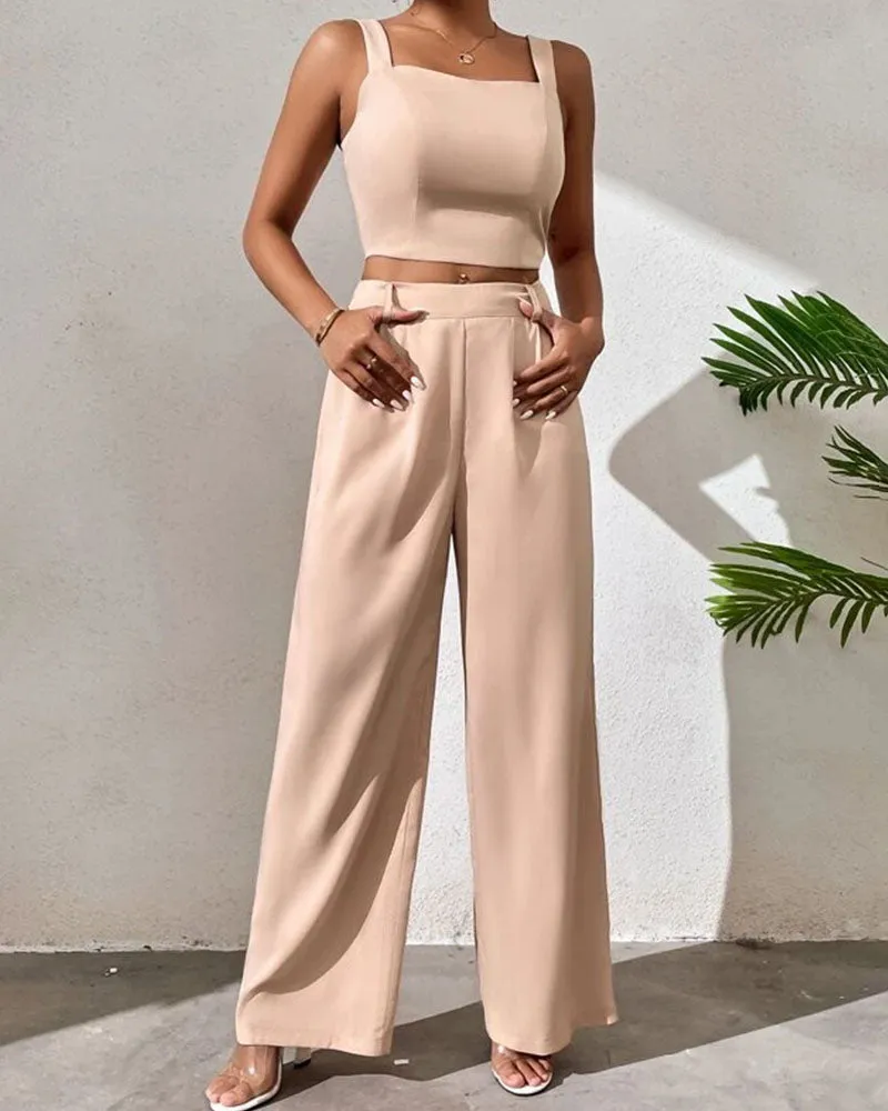 Sleeveless suspender top wide leg pants set