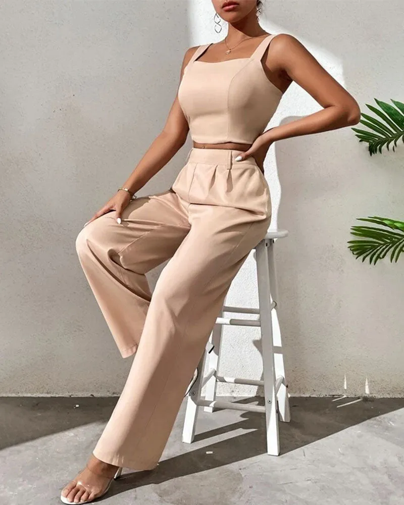 Sleeveless suspender top wide leg pants set