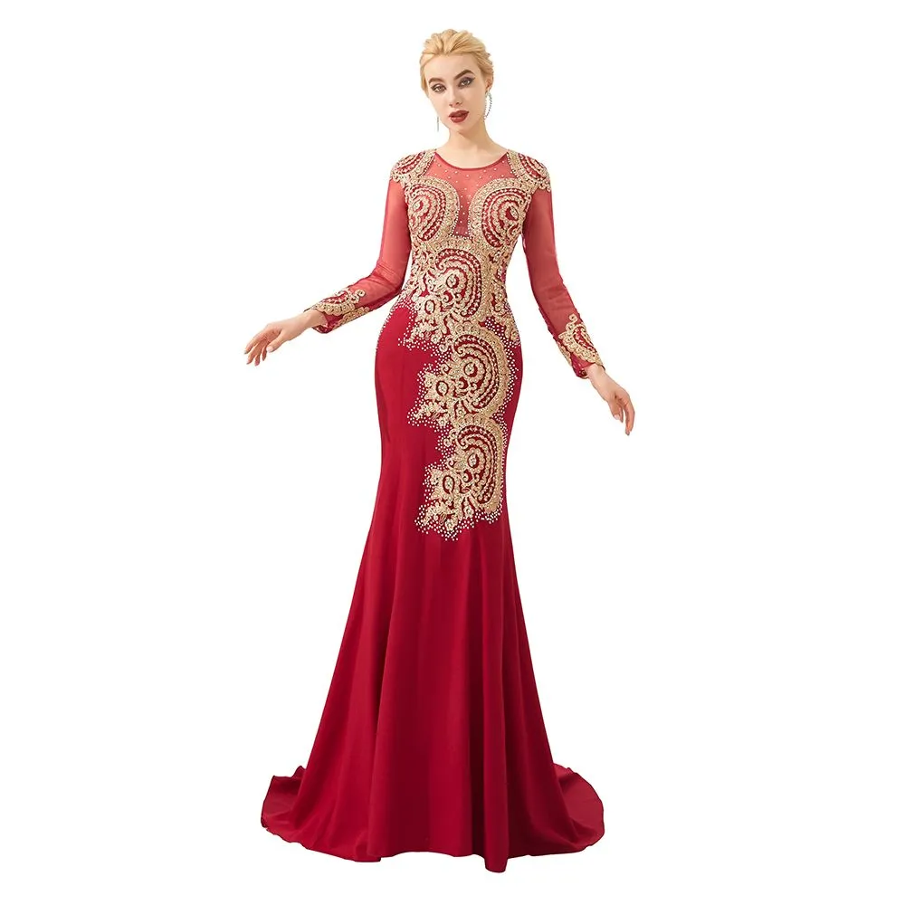 Slim Long Sleeves Gold Appliques Mermaid Evening Gowns Floor Length Event Party Dress