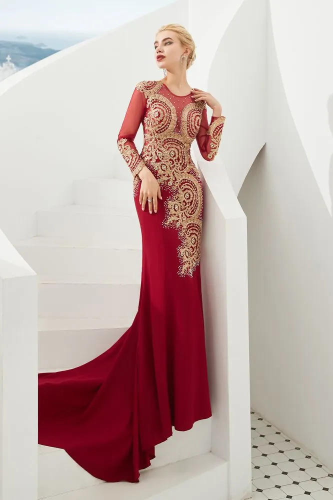 Slim Long Sleeves Gold Appliques Mermaid Evening Gowns Floor Length Event Party Dress