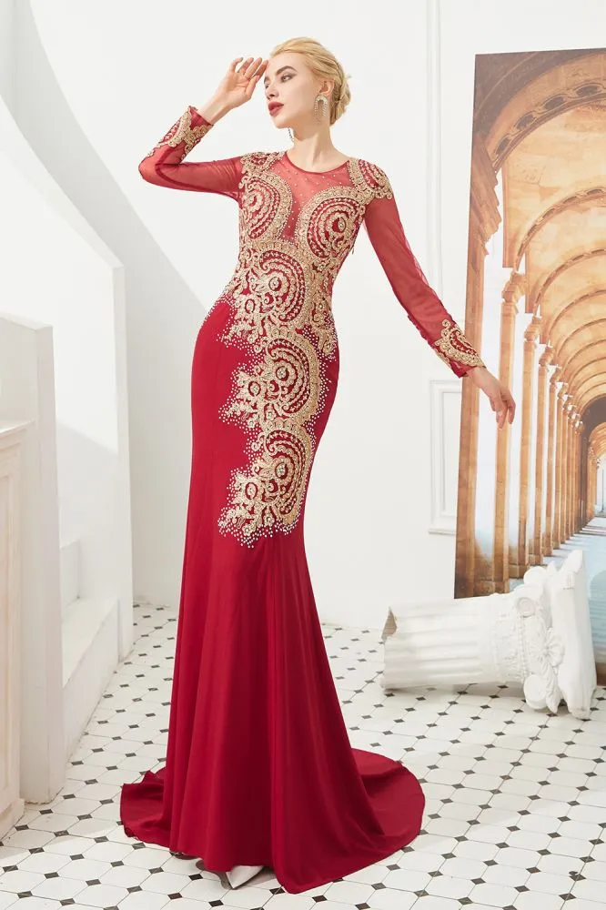 Slim Long Sleeves Gold Appliques Mermaid Evening Gowns Floor Length Event Party Dress