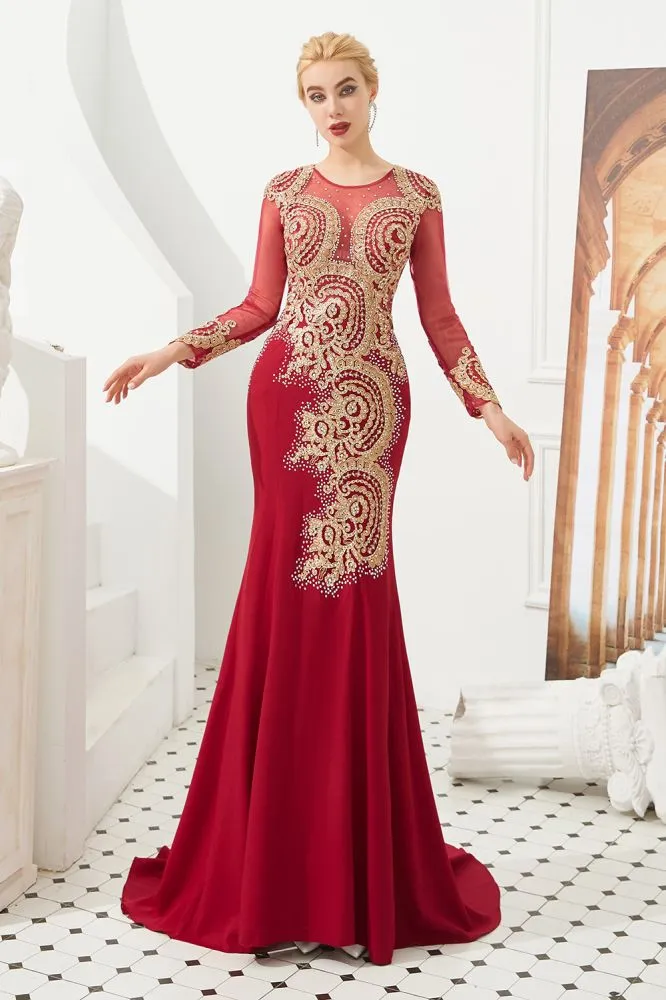 Slim Long Sleeves Gold Appliques Mermaid Evening Gowns Floor Length Event Party Dress