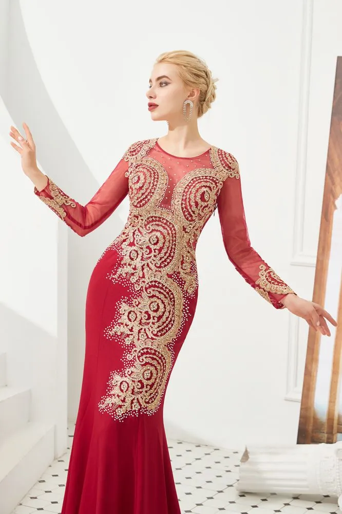 Slim Long Sleeves Gold Appliques Mermaid Evening Gowns Floor Length Event Party Dress