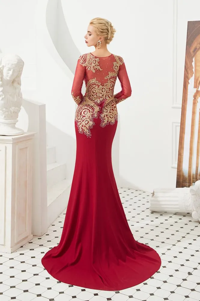 Slim Long Sleeves Gold Appliques Mermaid Evening Gowns Floor Length Event Party Dress